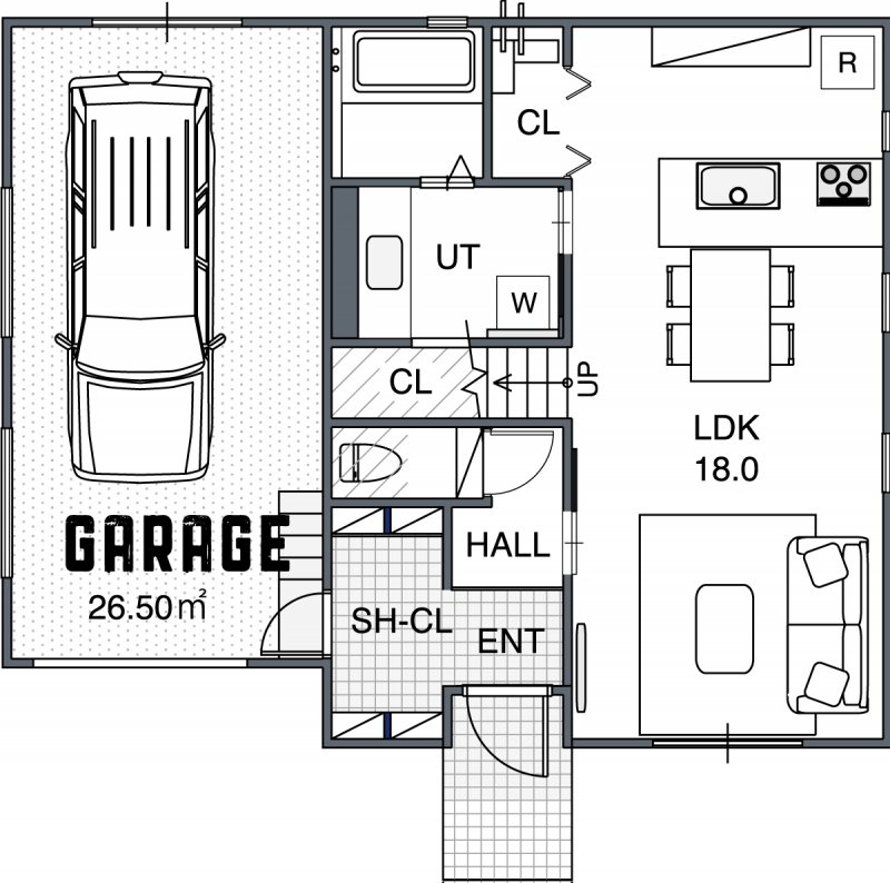 ソトでもウチでも。暮らしを楽しむガレージハウス。の1F間取り図