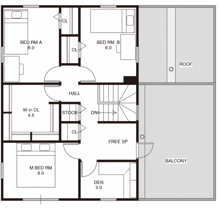 白×グレーにアイアンの黒が映える、シンプルビンテージなガレージハウスの2F間取り図