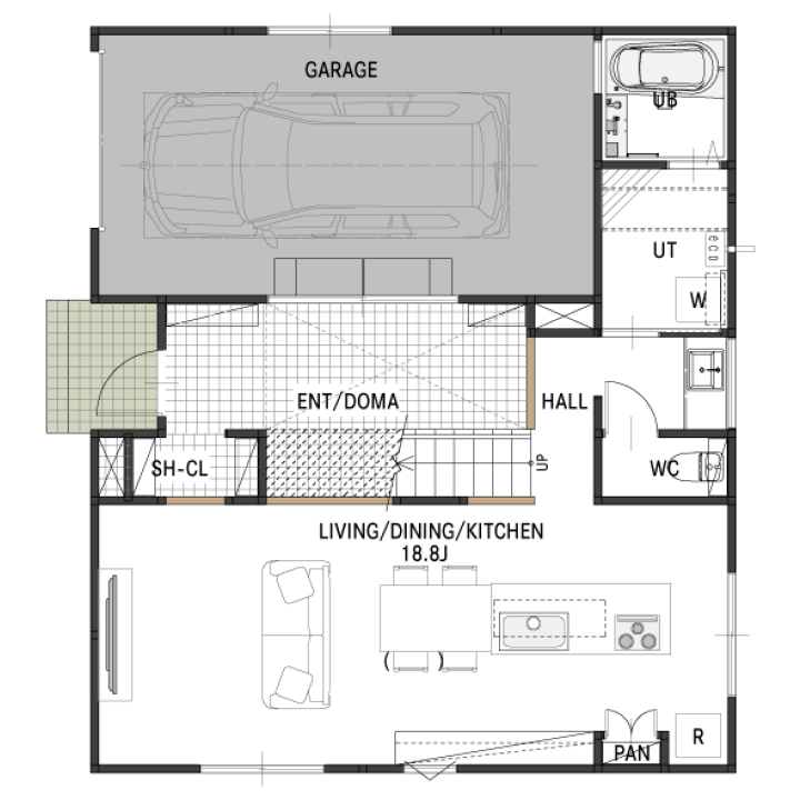 異素材を組み合わせたヴィンテージガレージハウスの1F間取り図