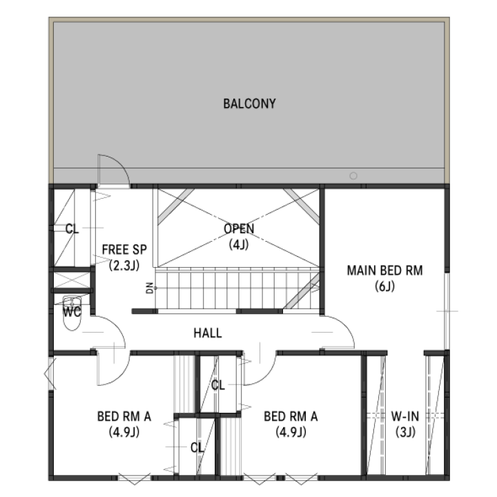 異素材を組み合わせたヴィンテージガレージハウスの2F間取り図