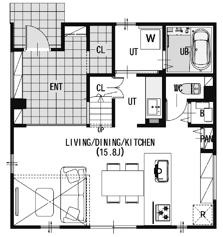 【公開終了】広々土間と吹き抜けがある北丘珠の家の1F間取り図