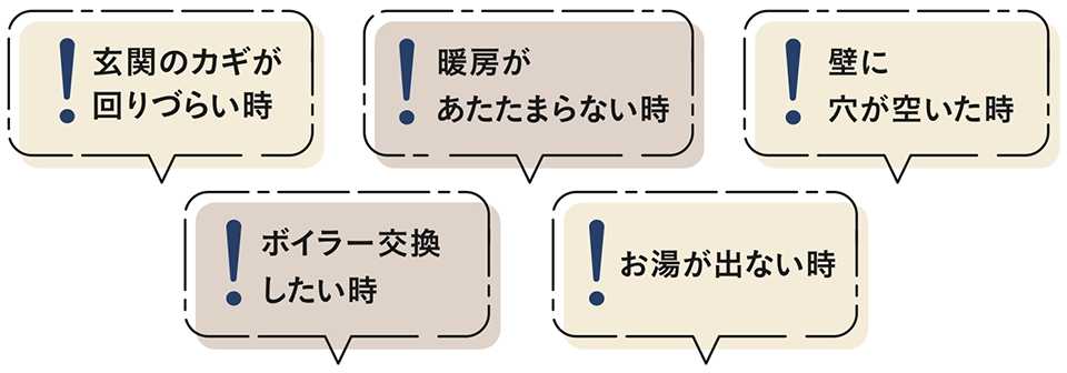 玄関のカギが回りづらい時、暖房があたたまらない時、壁に穴が空いた時、ボイラー交換したい時、お湯が出ない時